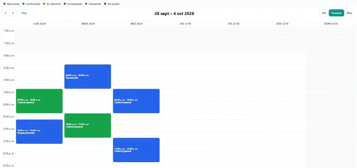 Agenda semanal de PetSuite con citas por estado