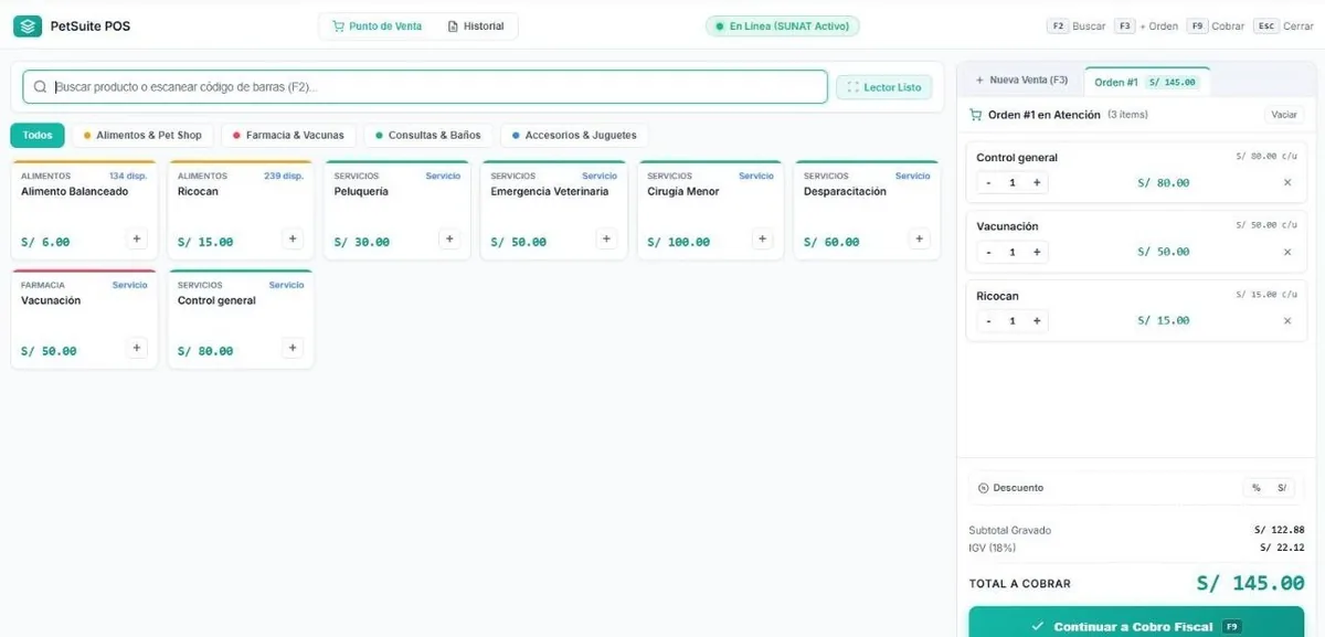 Punto de venta de PetSuite con una orden, el IGV calculado y la conexión con SUNAT activa