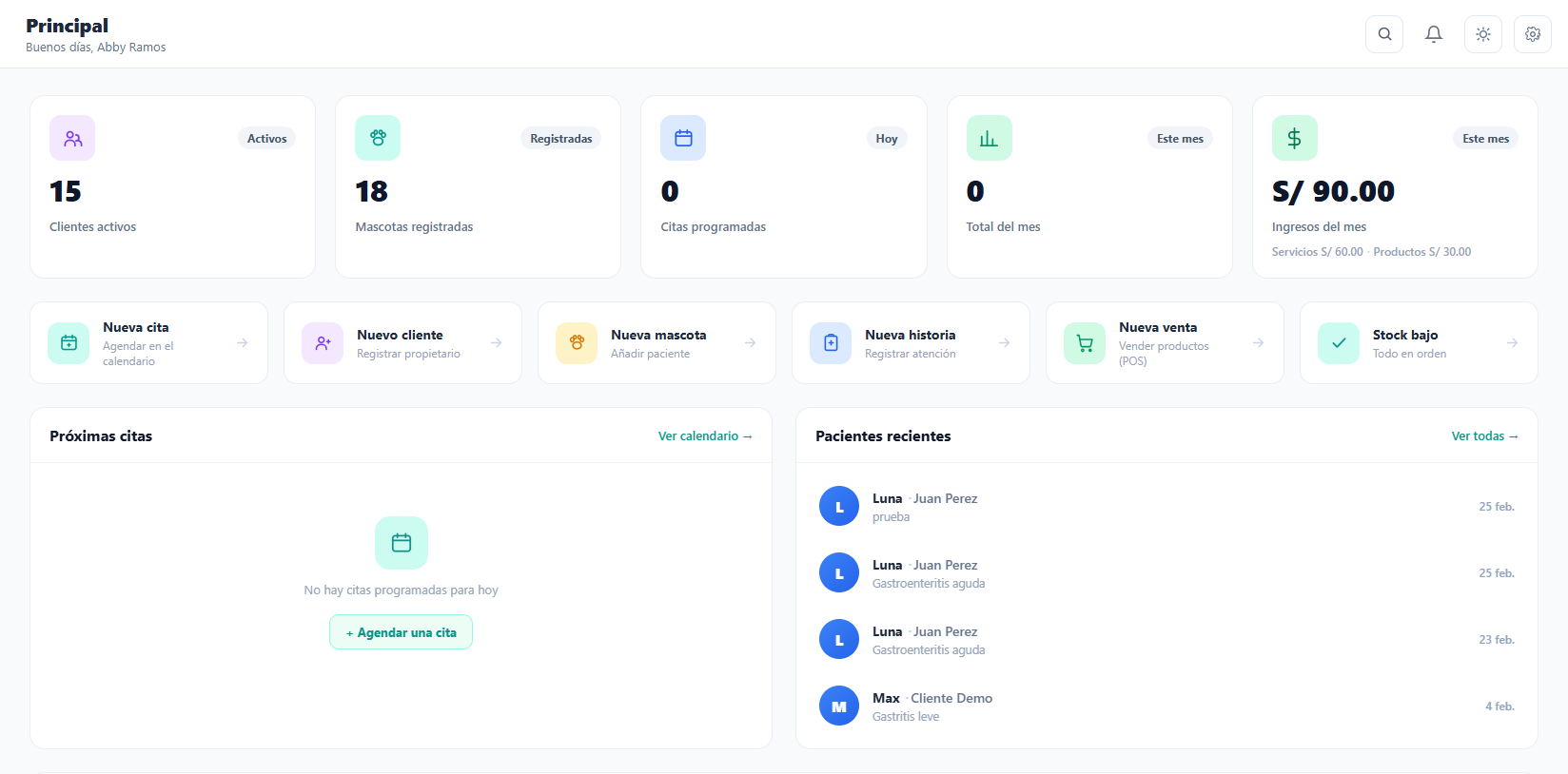 Panel de control de PetSuite